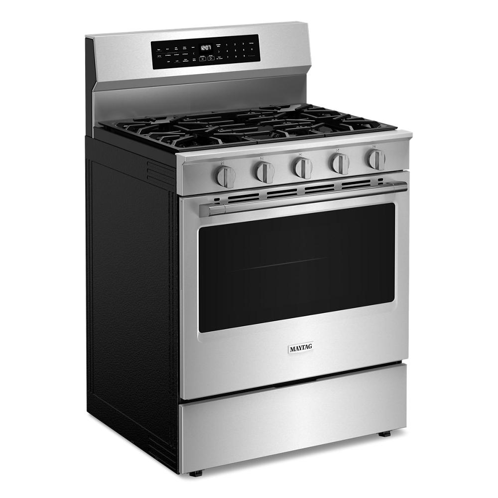 Stainless steel 30-inch gas range with five burners, grill mode, and digital control panel for home cooking tasks