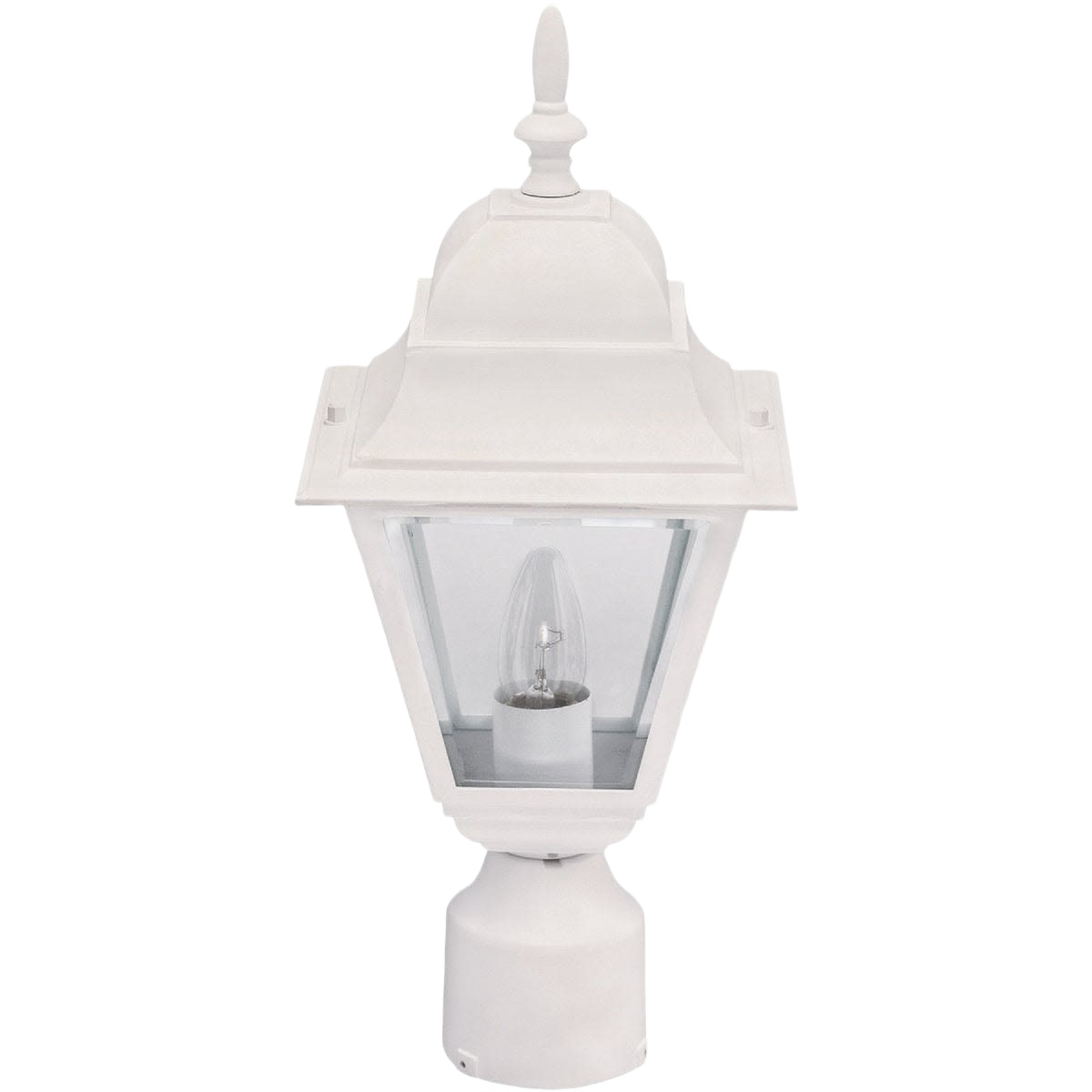 White outdoor post light fixture with clear glass panels for lawn and garden lighting and electrical collections
