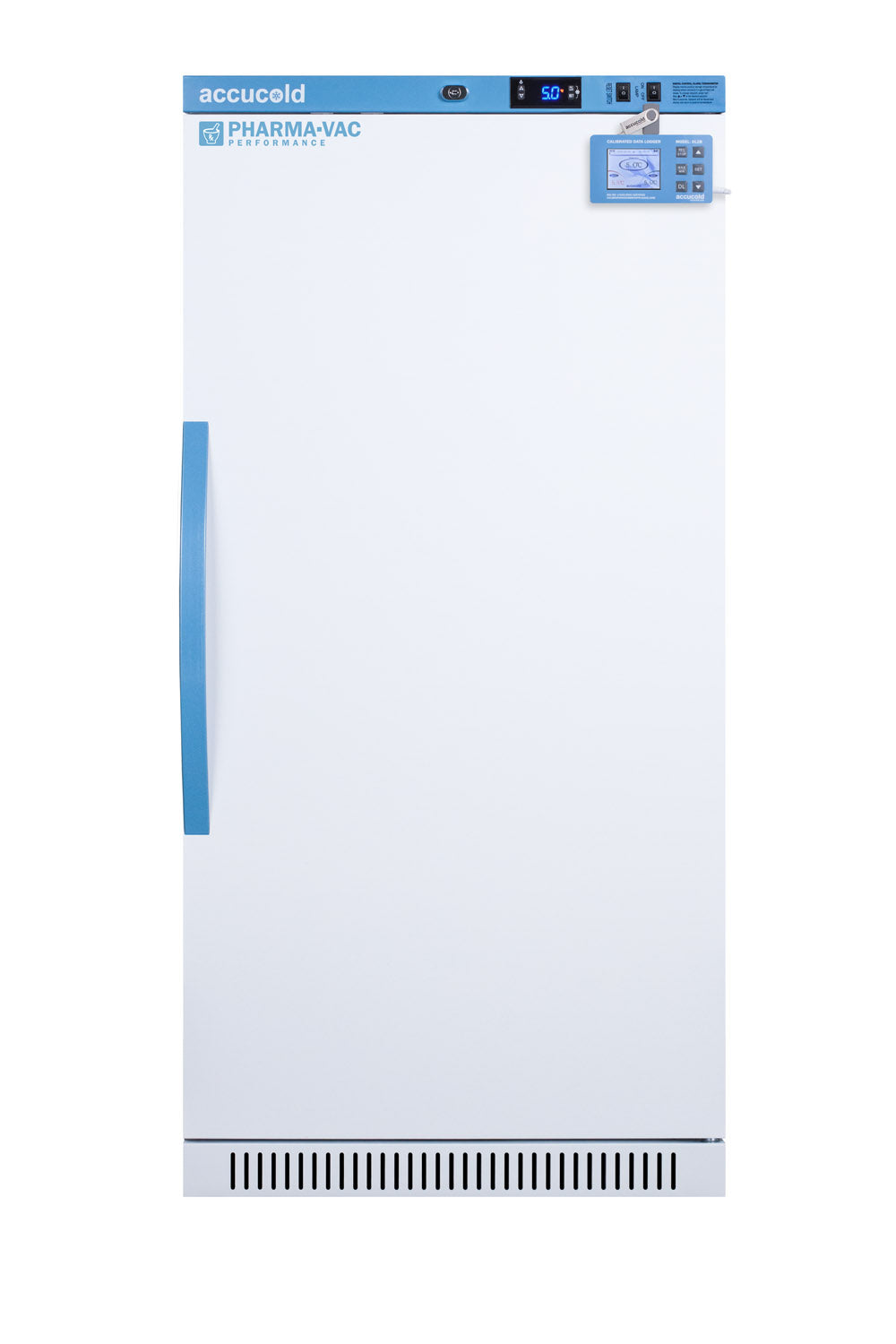 White upright medical refrigerator with blue handle and digital control panel for refrigerators and appliances collections