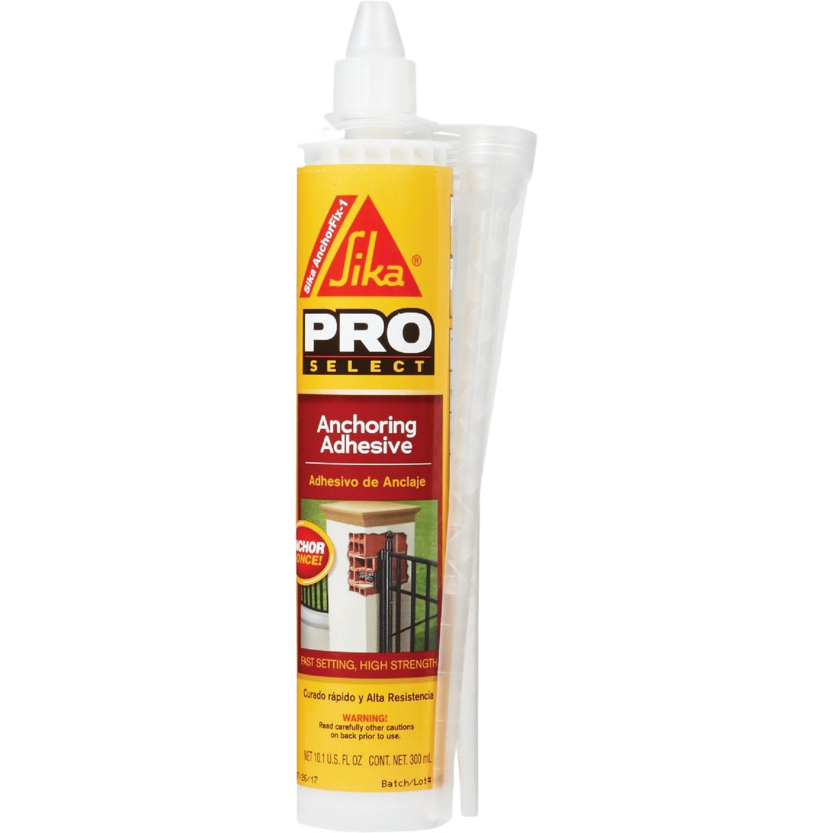 Yellow and red tube of high-strength anchoring adhesive with applicator for tools and home improvement use