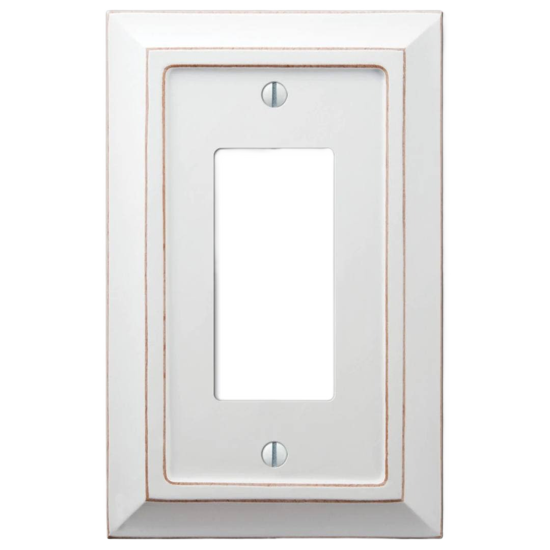 Distressed white wood rocker wall plate with elegant beveled edges for electrical outlets and home improvement projects