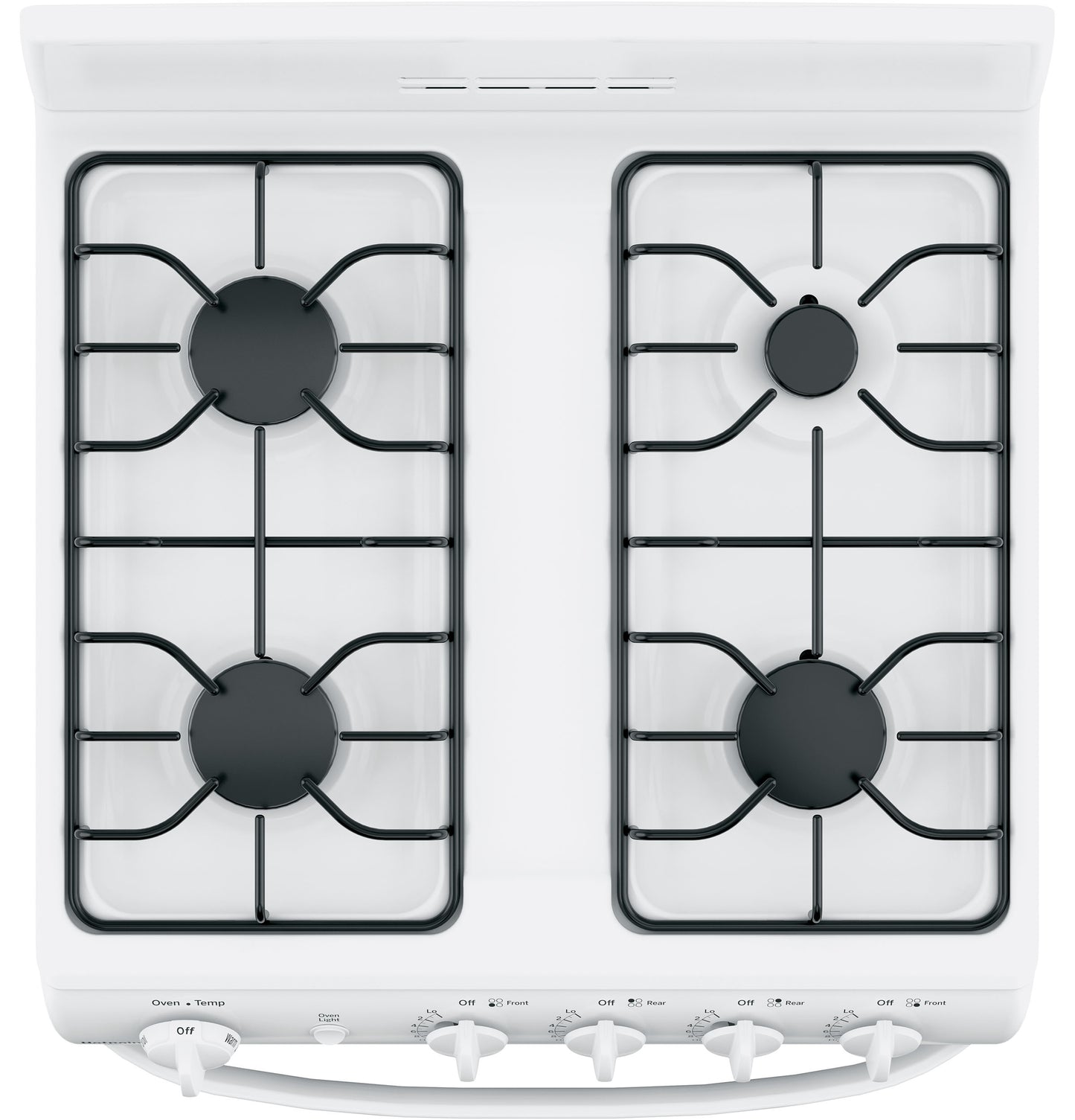 Top view of white gas range with four burners and front control knobs in kitchen appliances collection