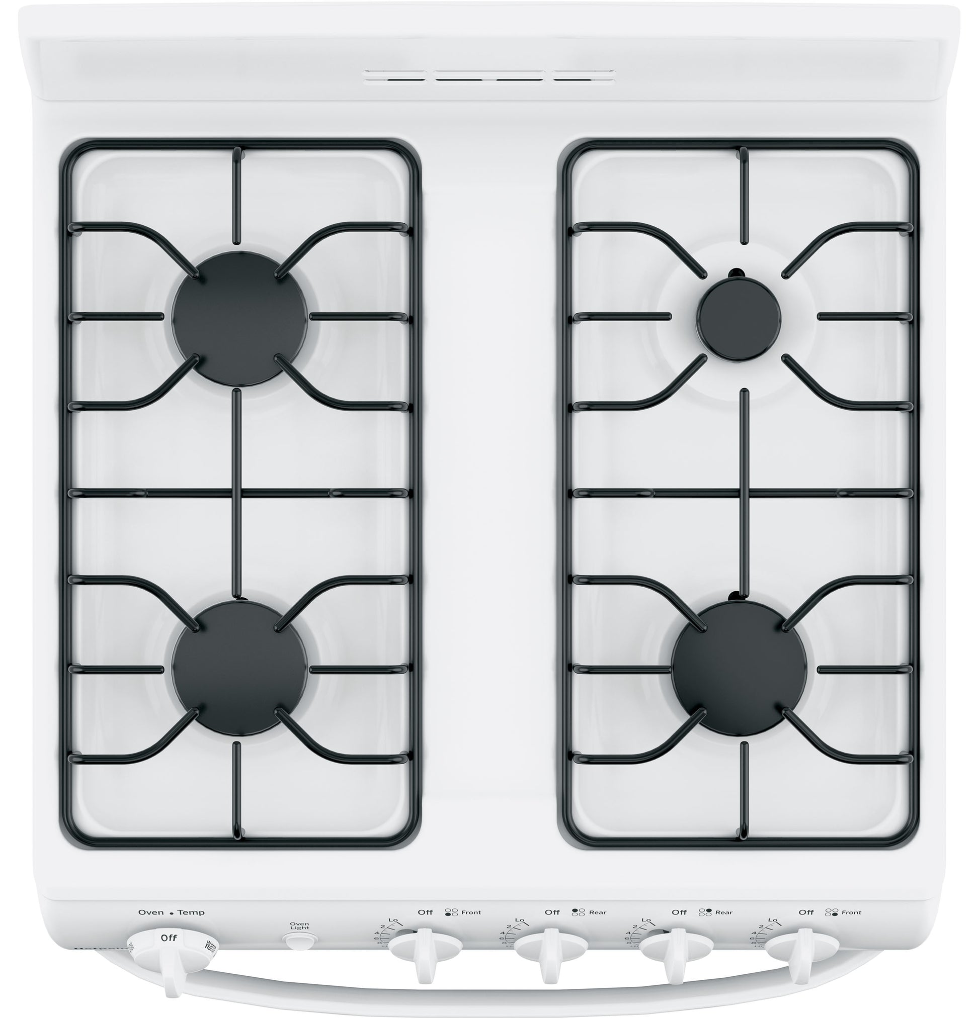 Top view of white gas range with four burners and front control knobs in kitchen appliances collection