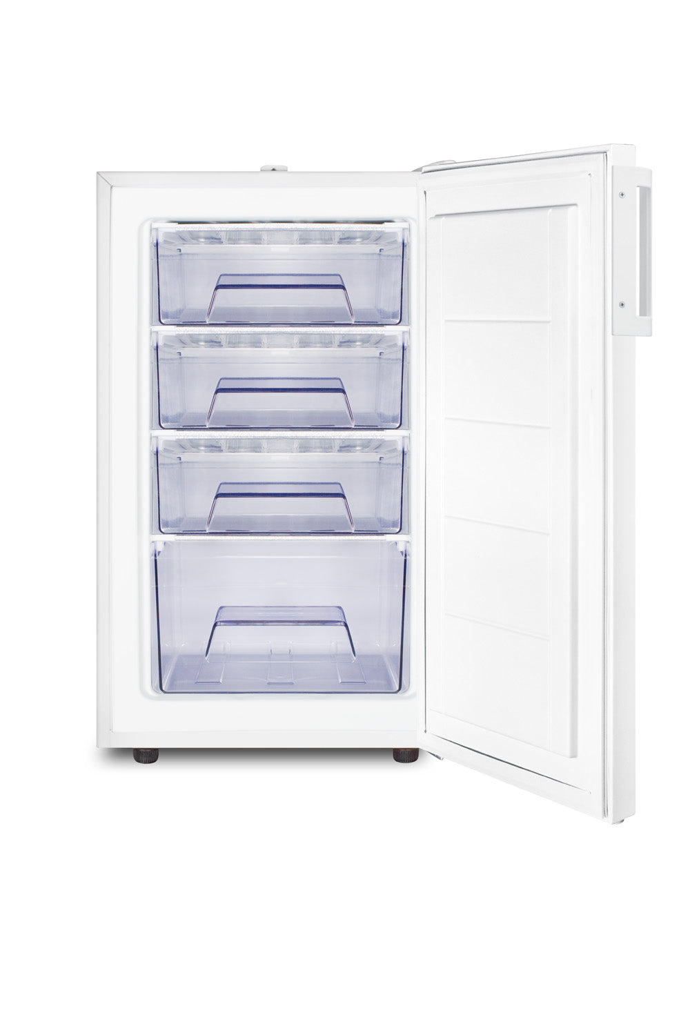 Compact white upright freezer with four clear storage drawers, designed for kitchen and appliance use.