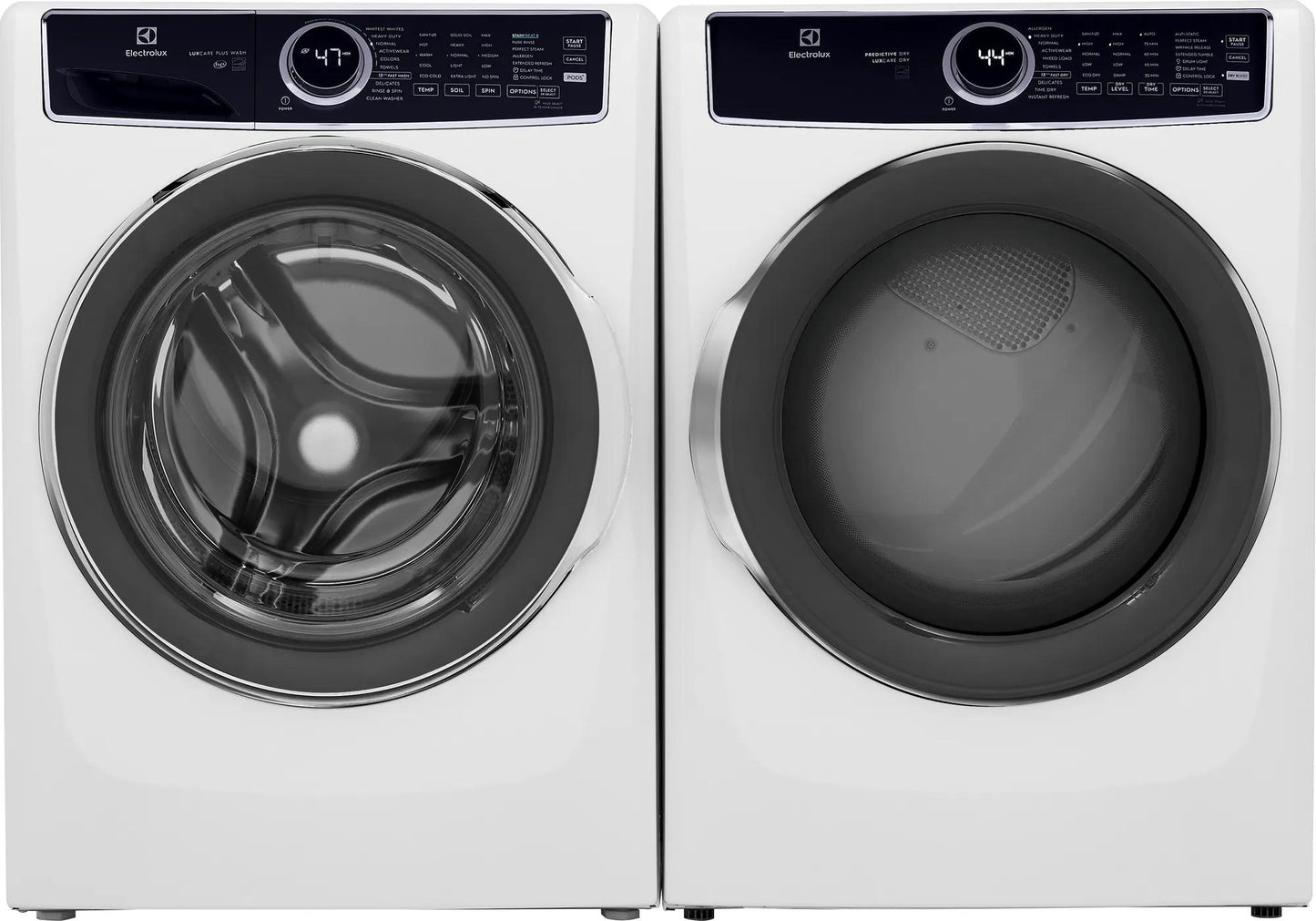 Pair of white front load washer and gas dryer with digital control panels in Dryers, Appliances, and Washers & Dryers collections