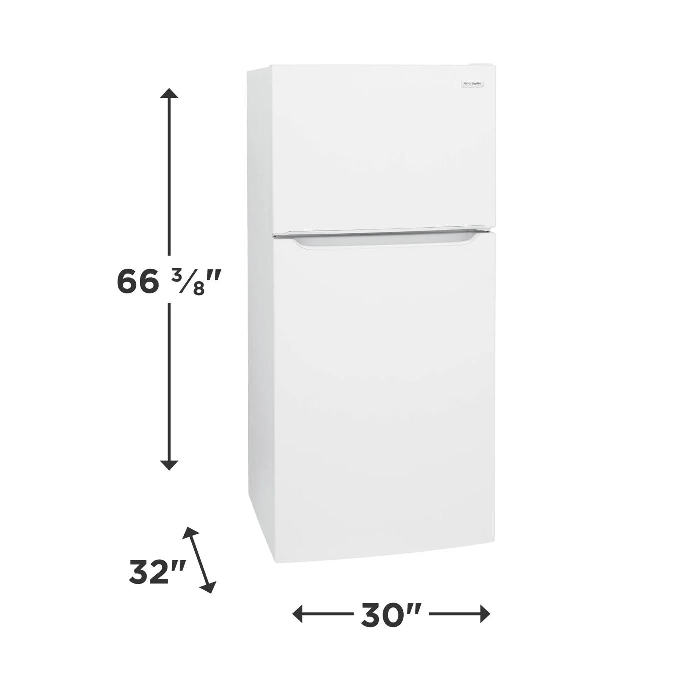 White top freezer refrigerator with minimalist design and dimensions shown in Appliances and Kitchen collections