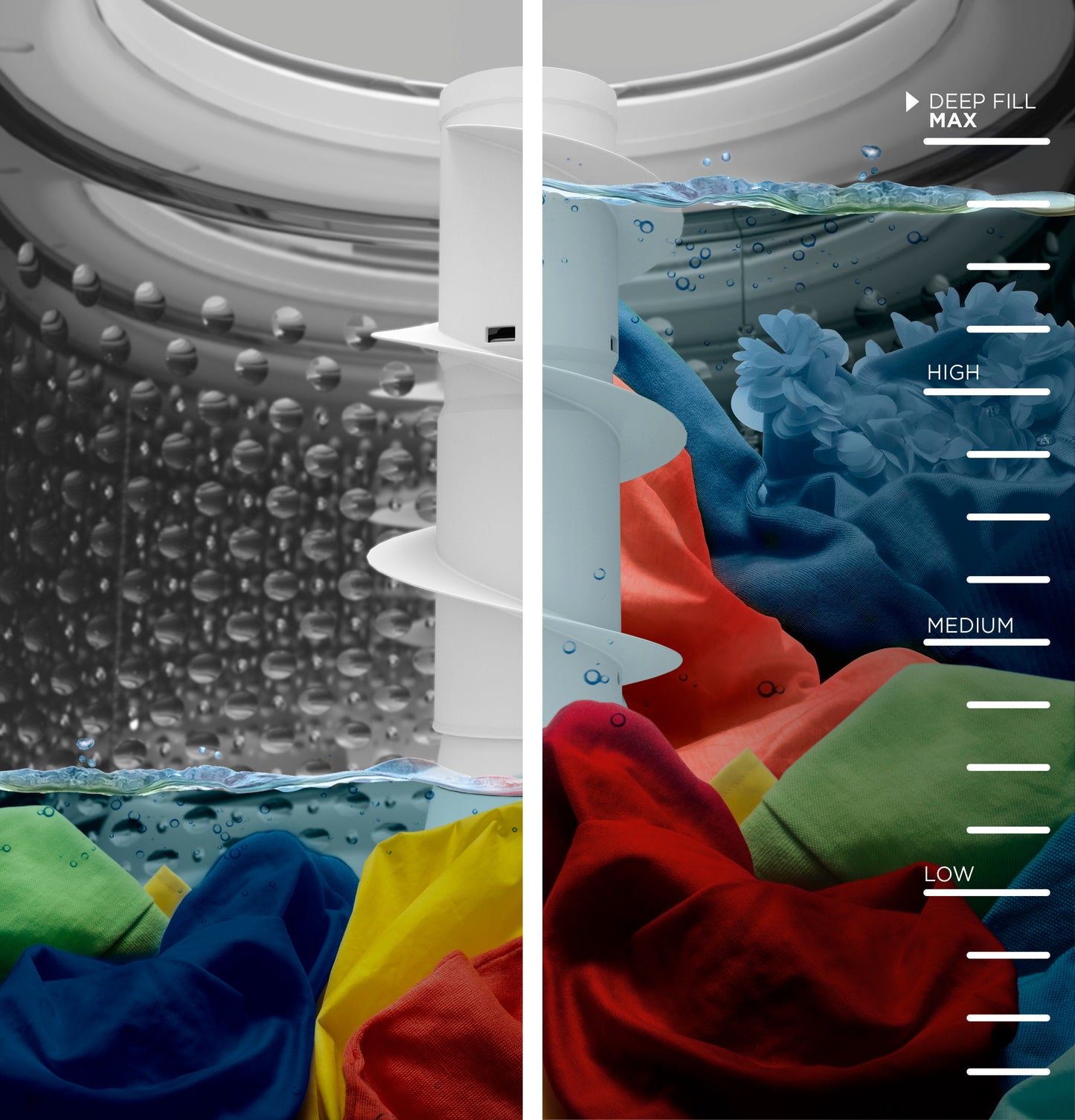 Split view of washer drum showing water level settings from low to deep fill with colorful clothes submerged on right side