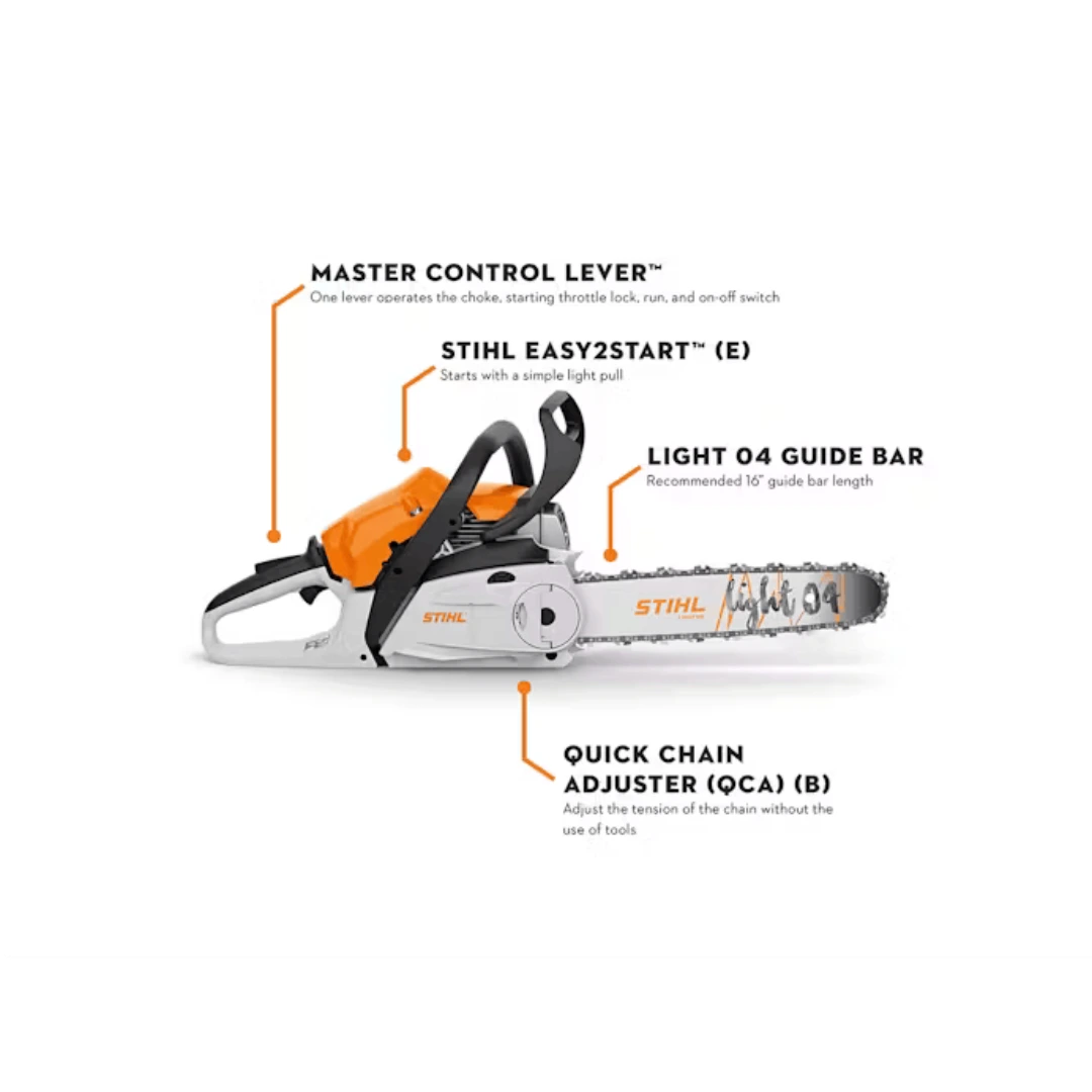Orange and white gas-powered chainsaw with 16-inch guide bar featuring easy start, quick chain adjuster, and master control lever