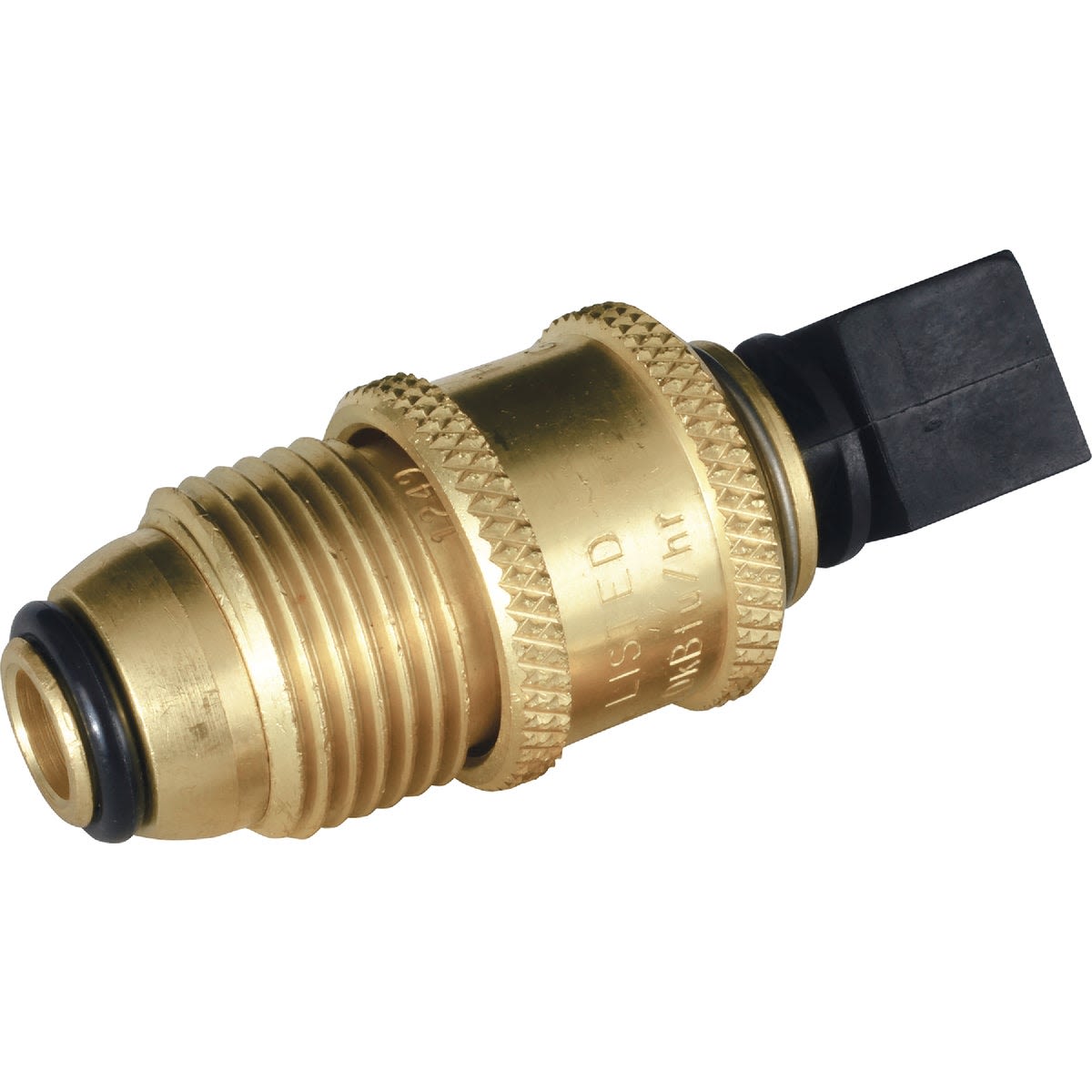Brass propane adapter fitting with threaded end and black plastic connector for gas appliance connections