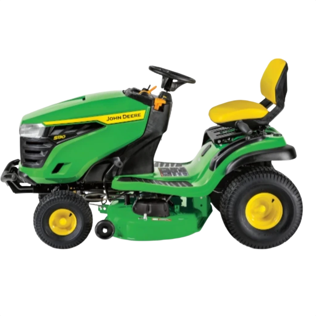 Green and yellow John Deere riding mower with 42-inch deck for lawn care in outdoor power equipment collections