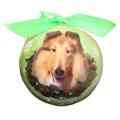 Green Christmas ball ornament featuring a Collie dog portrait with wreath and festive design under $50 collections