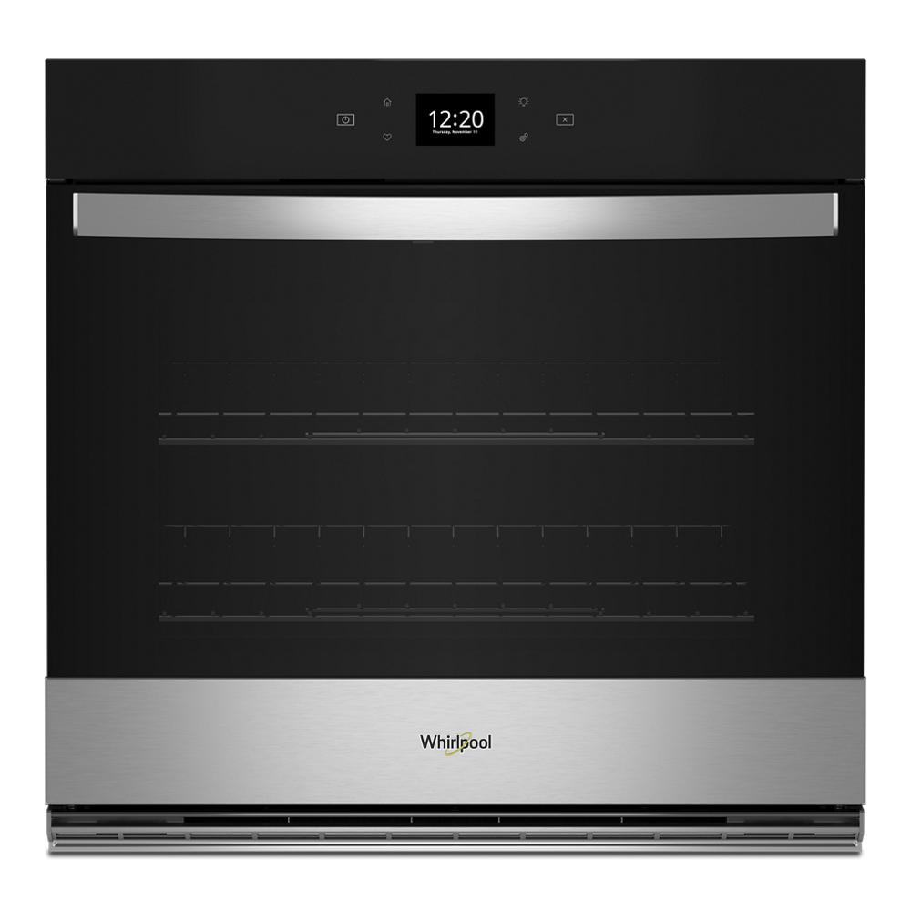 Black and stainless steel single wall oven with digital display and modern handle in kitchen appliances collection