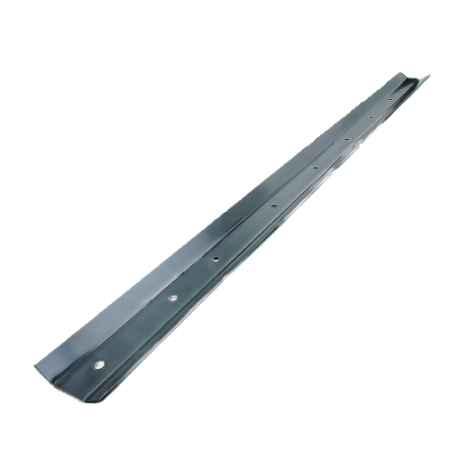 Long black metal scraper blade with evenly spaced mounting holes for snow blower and home improvement use