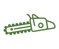 Green line art of a chainsaw with a saw chain and handle, symbolizing outdoor power tools for home improvement.