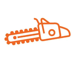 Orange line drawing of a chainsaw with detailed chain and handle, symbolizing tools and home improvement on a white background.