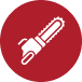 Red circular icon featuring a white chainsaw silhouette, representing outdoor power tools and home improvement equipment.
