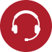 Red circular icon displaying a white headset with microphone, representing customer support and communication services.