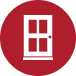 Red circular icon presenting a white window frame with muntins, symbolizing home improvement and building materials.