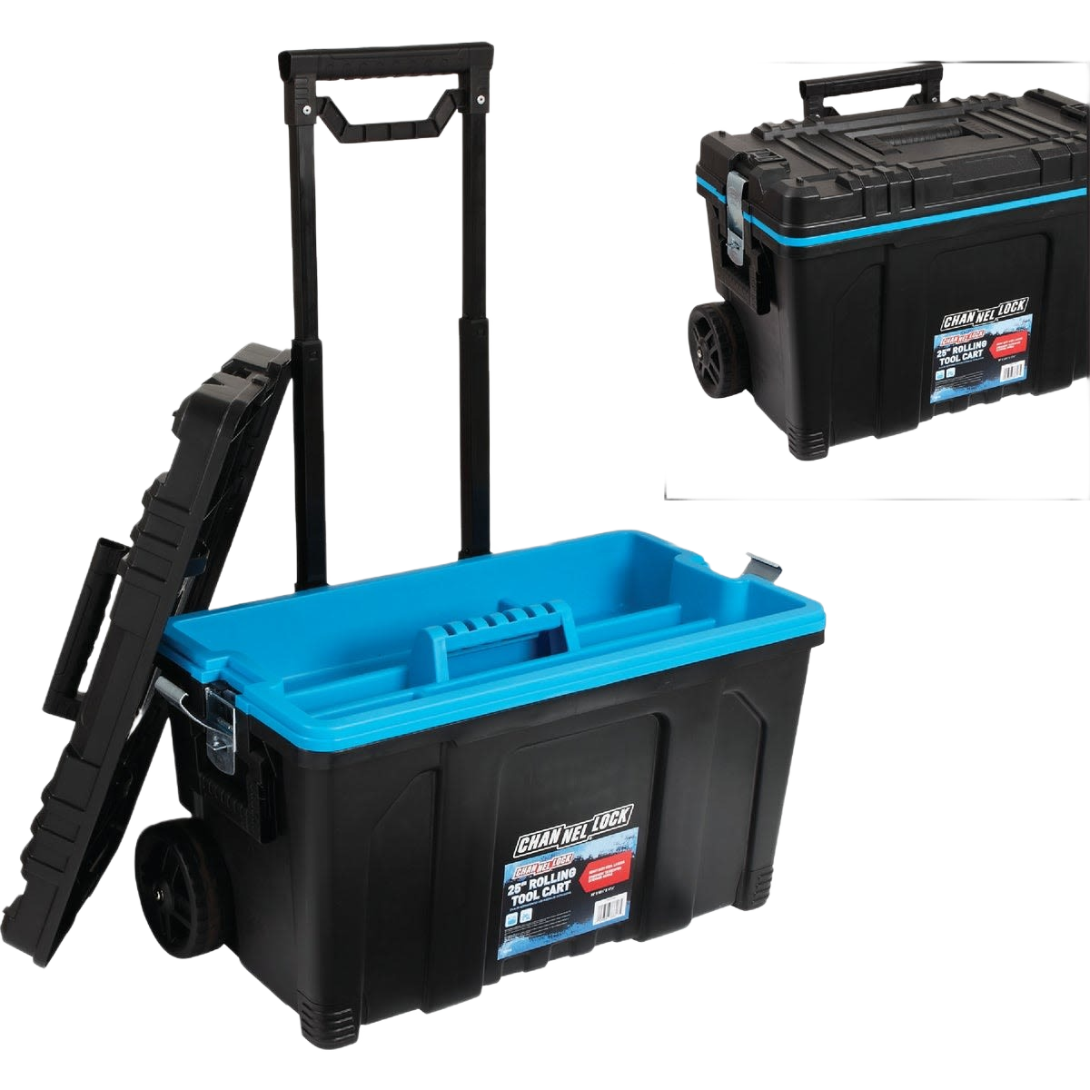 Black and blue durable rolling toolbox with telescopic handle for workshop organization and tool storage under $100