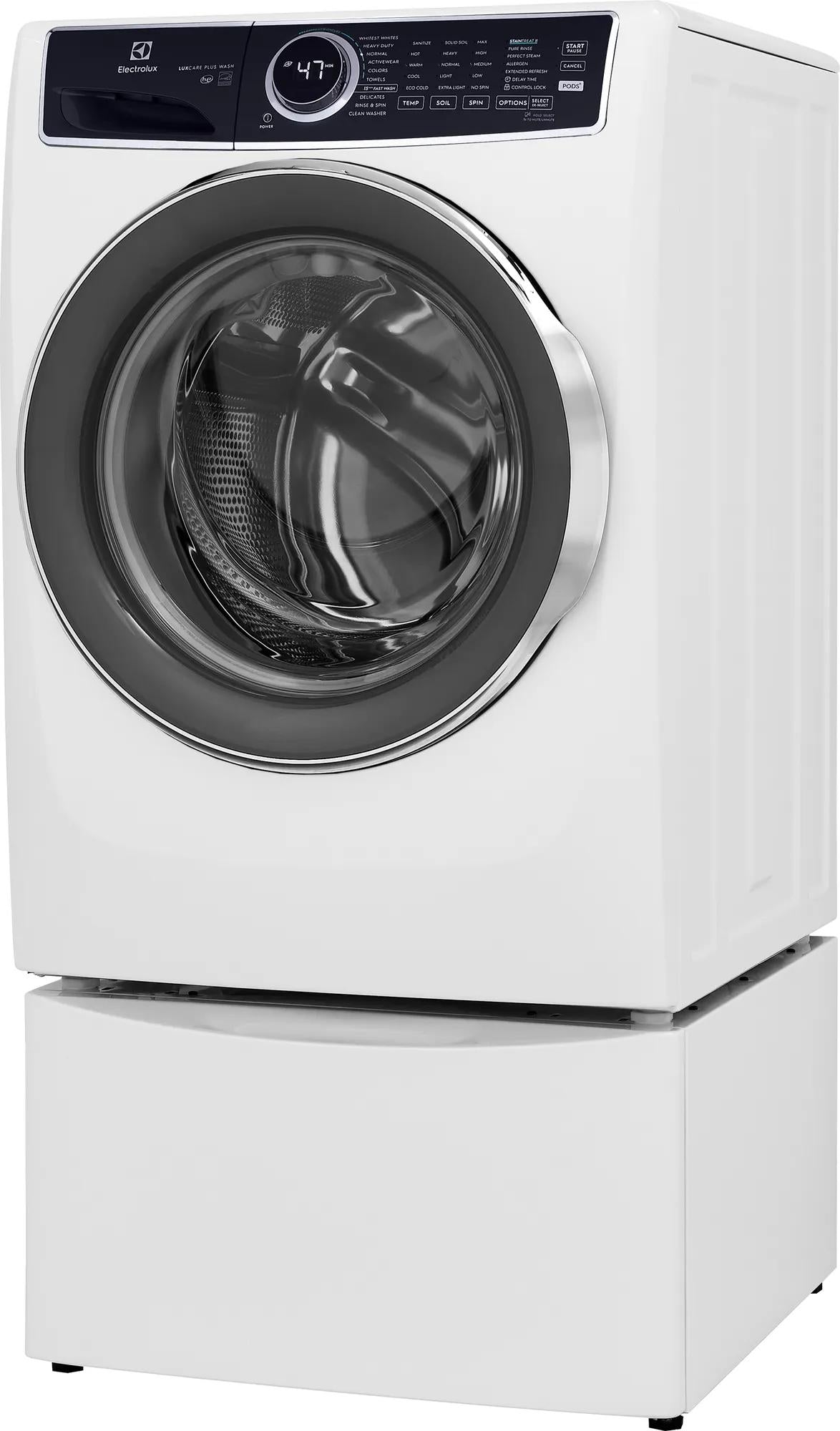 White front load washer with digital display and chrome-trimmed door, part of front load washers and appliances collection
