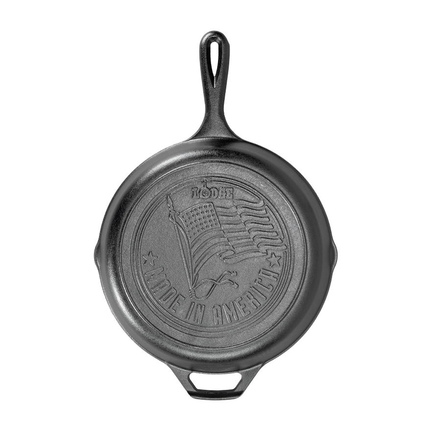 Cast iron skillet with embossed American flag and Made in America text, part of Lodge cast iron kitchenware collection