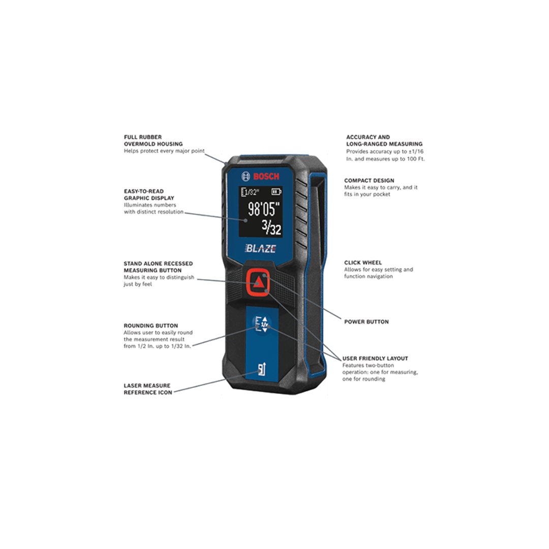 Compact Bosch laser measure with bright display, easy controls, and durable design for woodworking and measuring tools collections