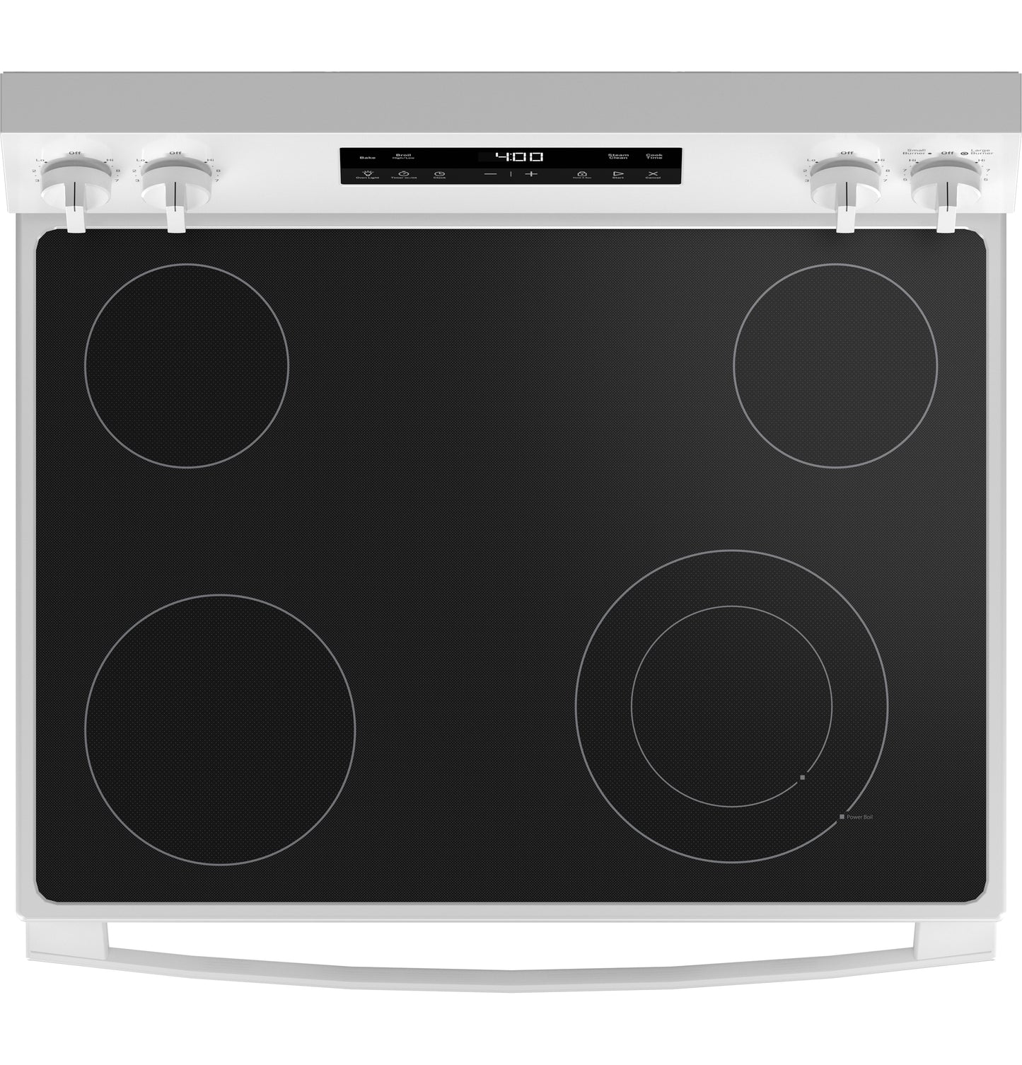 White electric range with smooth glass cooktop, four heating elements, and digital control panel in kitchen appliances collection