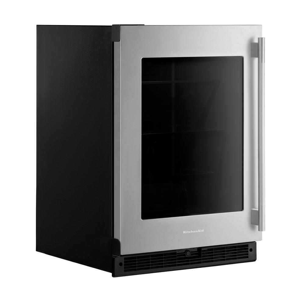24-inch undercounter refrigerator with stainless steel frame, glass door, and vertical handle from KitchenAid Appliances at Hartville Hardware