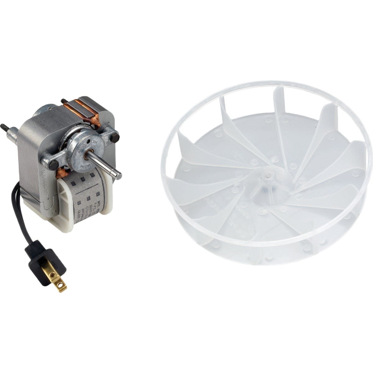 Electric motor with attached power cord and white plastic fan wheel for bathroom exhaust ventilation systems
