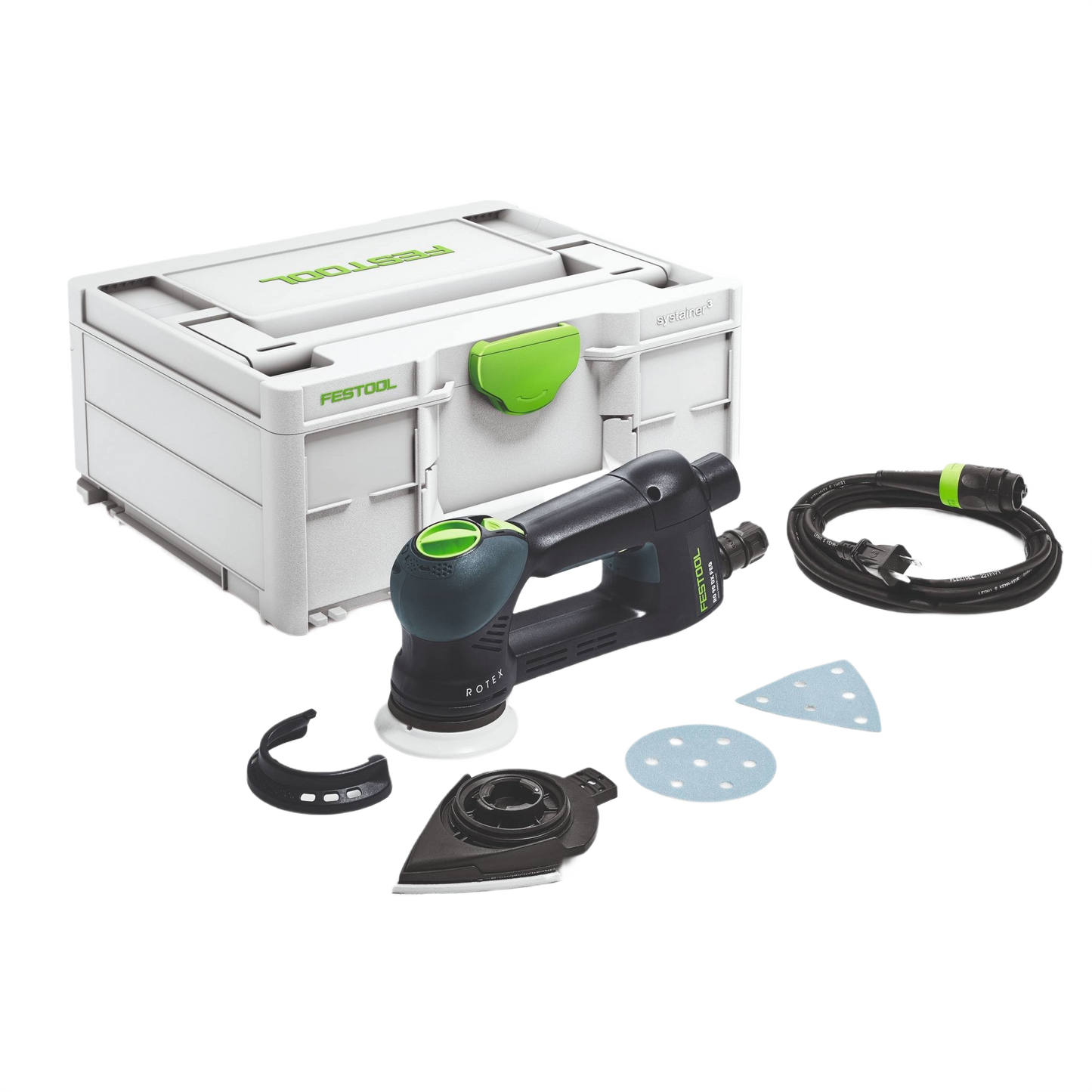 Compact multi-mode sander kit with black and green hand tool, sanding pads, attachments, power cord, and gray storage case