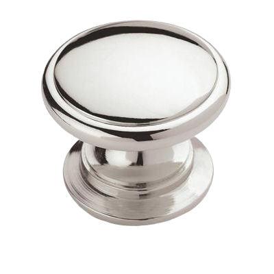Polished chrome cabinet knob with smooth round top for furniture hardware and home improvement projects