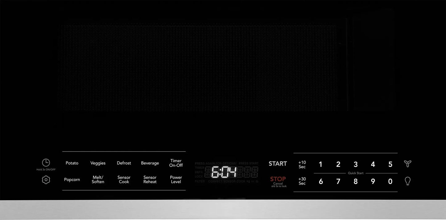 Close-up of black microwave control panel with digital clock and sensor cook buttons from Microwaves collection