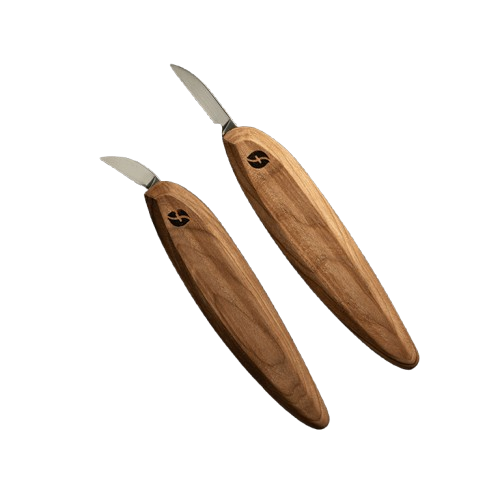 Two wood-handled carving knives with slim ergonomic grips for detailed woodworking and pyrography tasks
