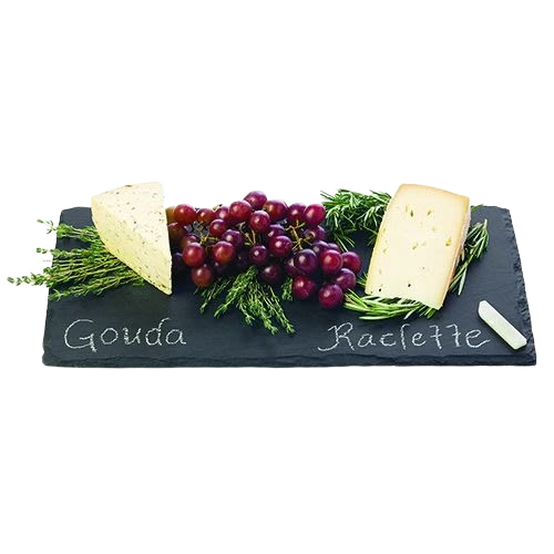 Black natural slate cheese board with chalk writing, featuring grapes, herbs, and cheese for kitchenware display