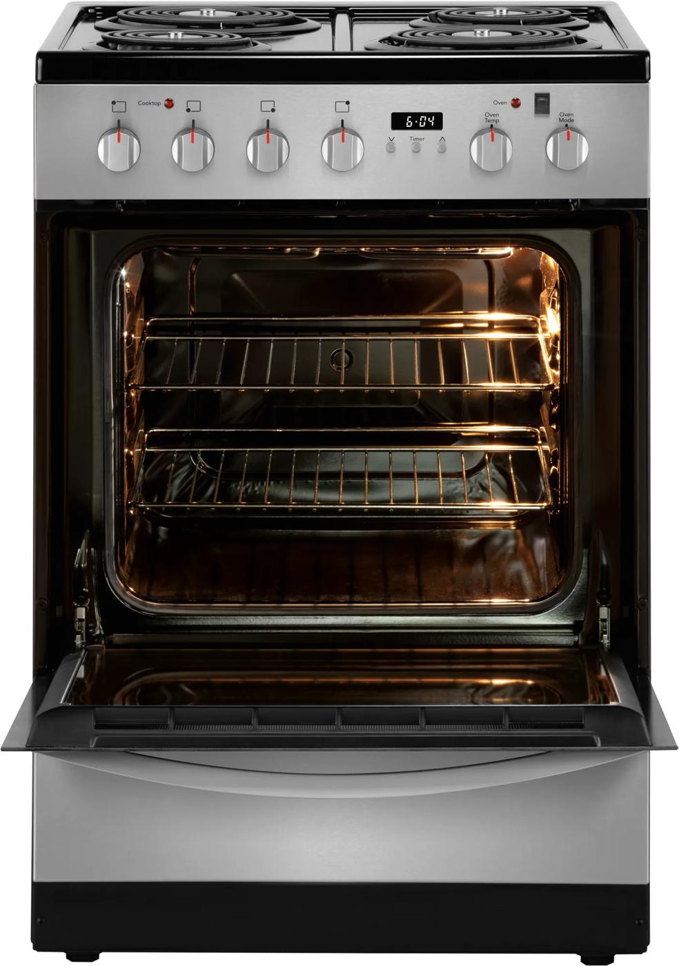 Freestanding electric range with coil burners, digital clock, and open oven showing two racks from kitchen appliances collection