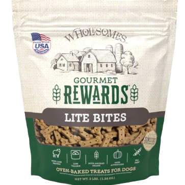 Bag of Wholesomes Gourmet Reward Lite Bites oven-baked dog treats with low calorie and wheat-free features in pet supply collection
