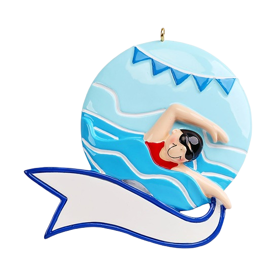 Ornament of a girl swimmer with goggles and cap in a blue swimming pool design for Christmas decoration under $50 collection