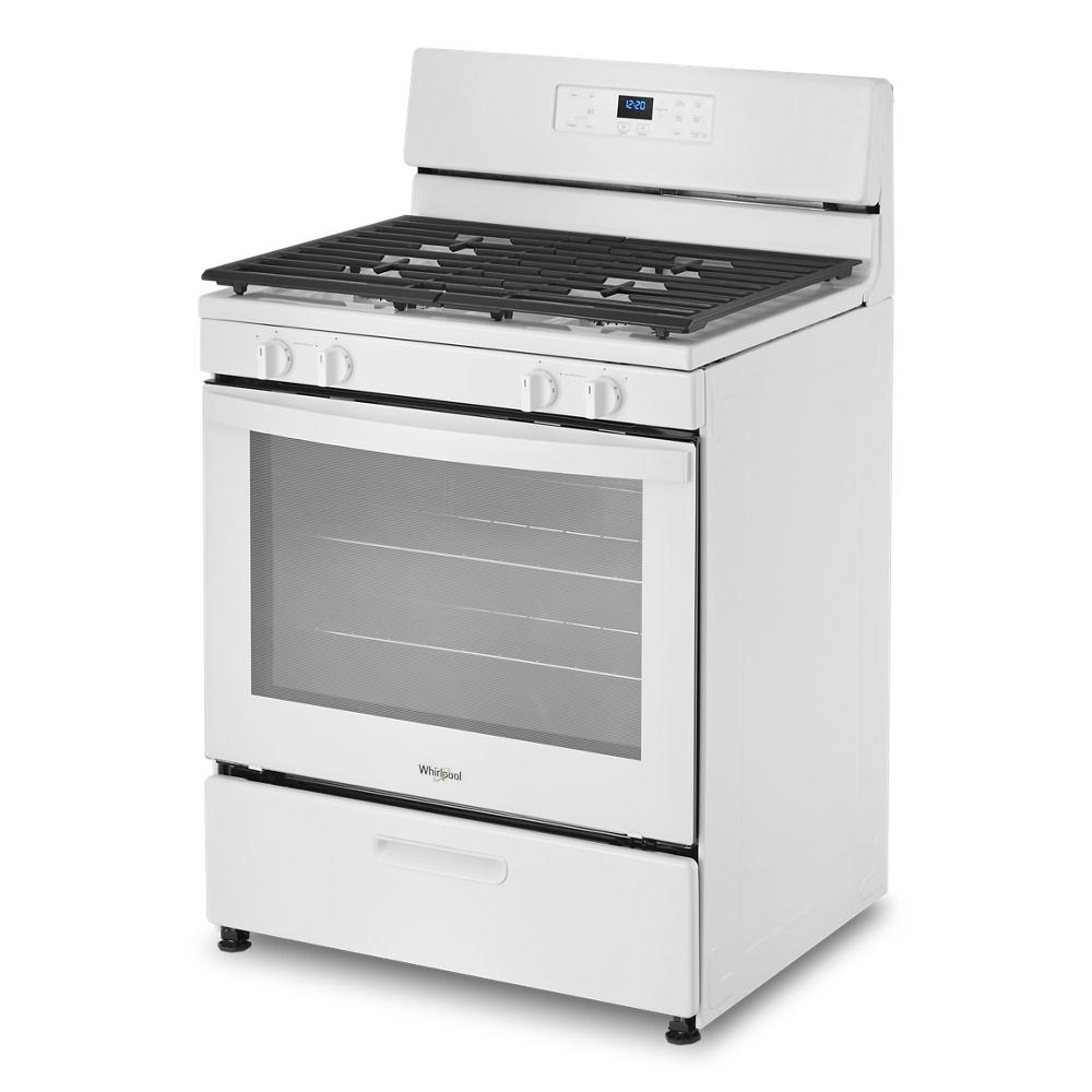 White freestanding gas range with four burners, digital display, and broiler drawer in kitchen and appliances collections