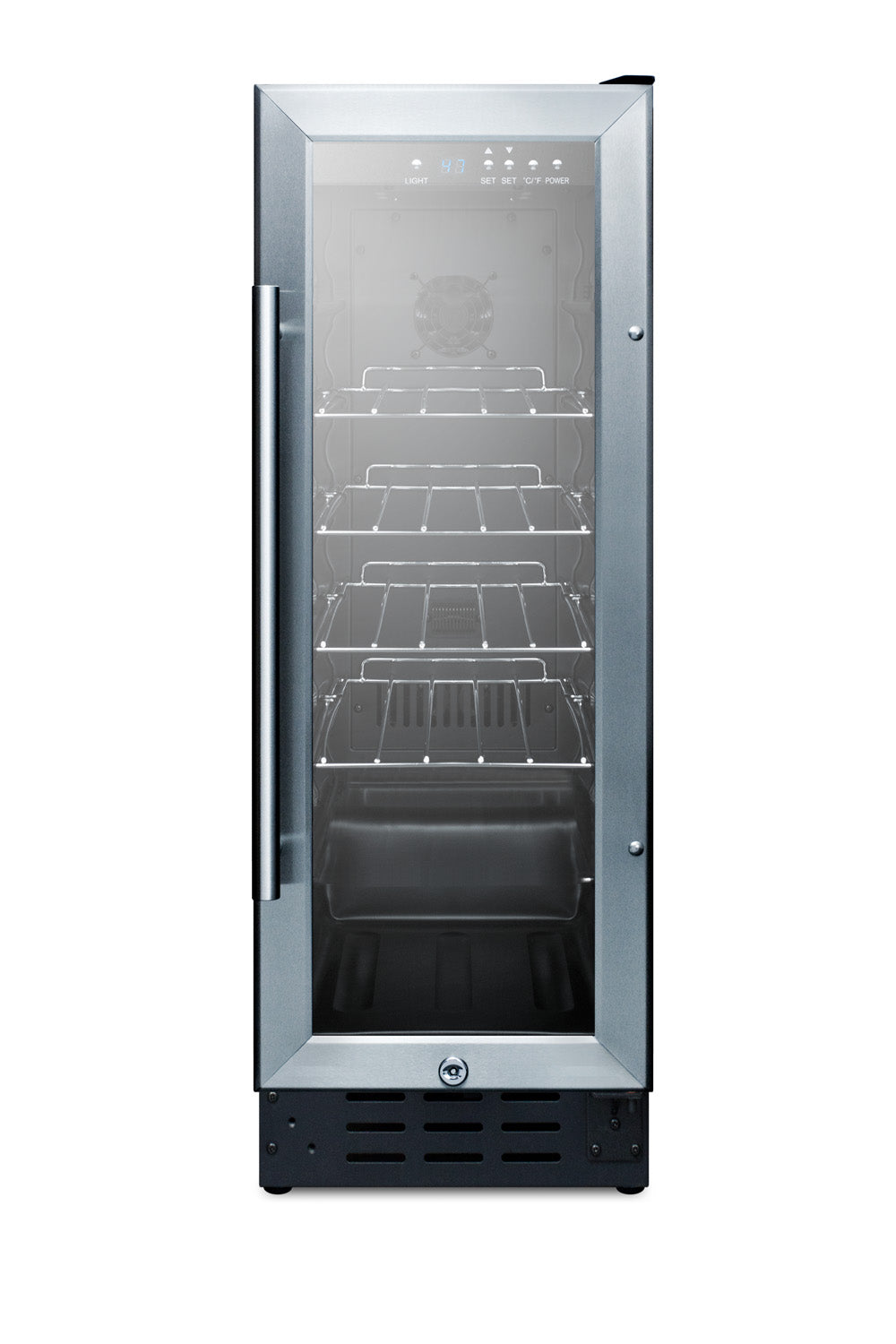 Built-in 12-inch beverage center with stainless steel frame, glass door, and adjustable metal shelves from kitchen appliances collection
