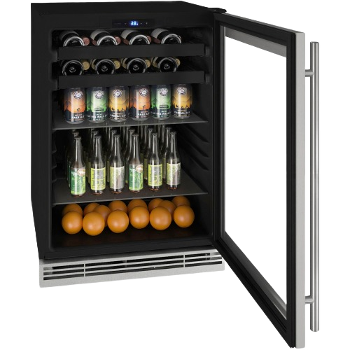 Open black beverage center with glass door, metal handle, adjustable shelves, and storage for cans, bottles, and fruit in appliances collection