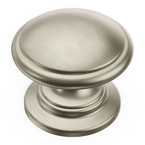 Satin nickel cabinet knob with classic rounded Williamsburg style for elegant home improvement projects