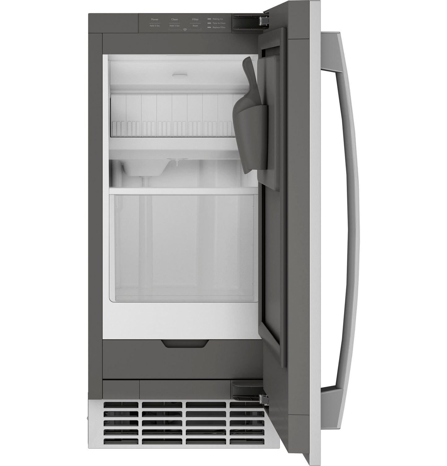 Open stainless steel ice maker with door panel and handle from Freezers & Ice Makers appliance collection
