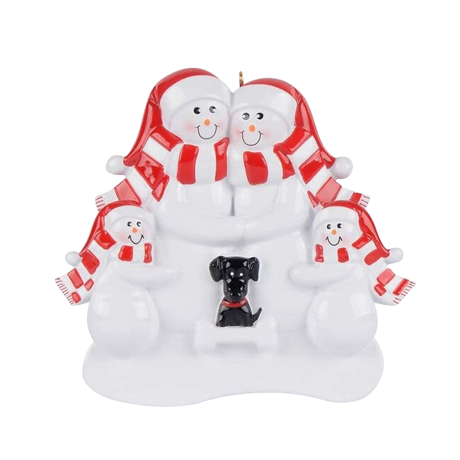 Snow family of four wearing red scarves and hats hugging with black dog Christmas ornament under $50