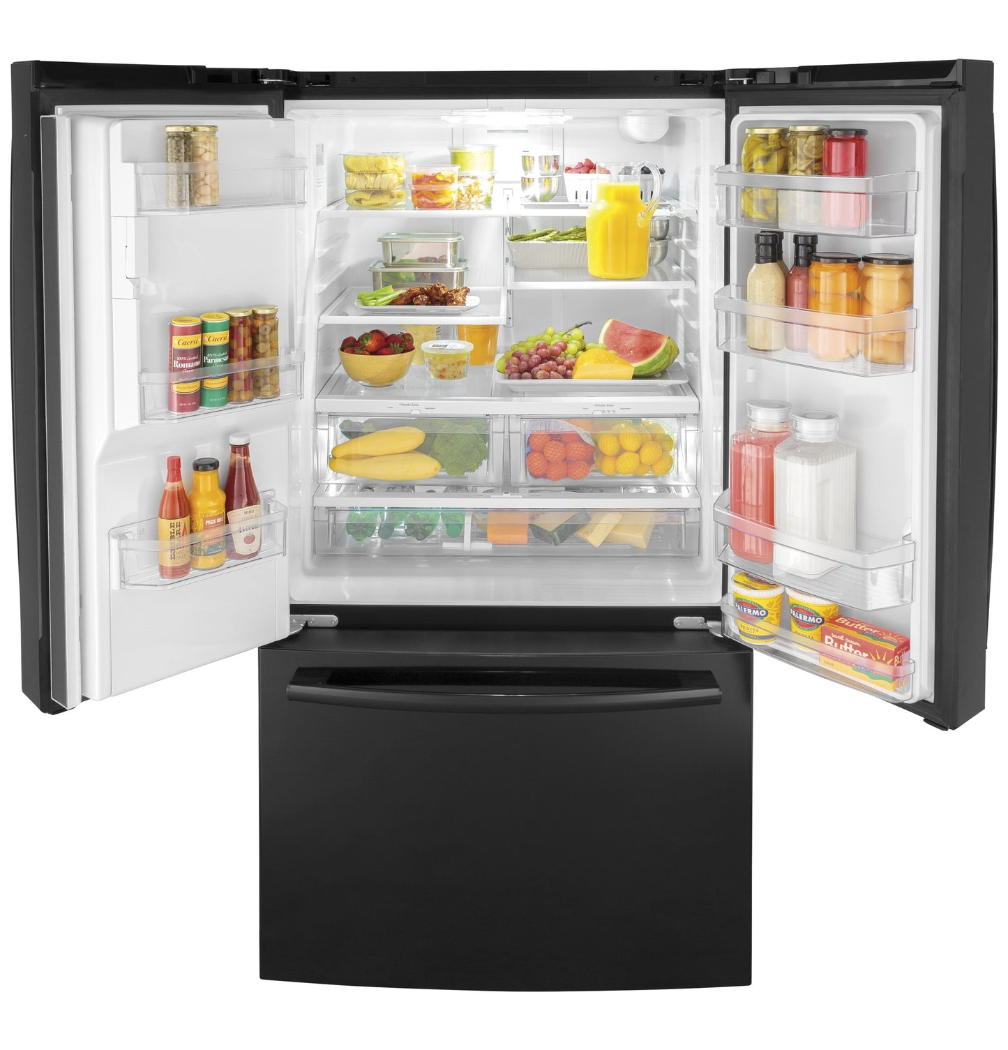 Black French-door refrigerator open showing organized fresh produce, beverages, and condiments from kitchen appliances collection