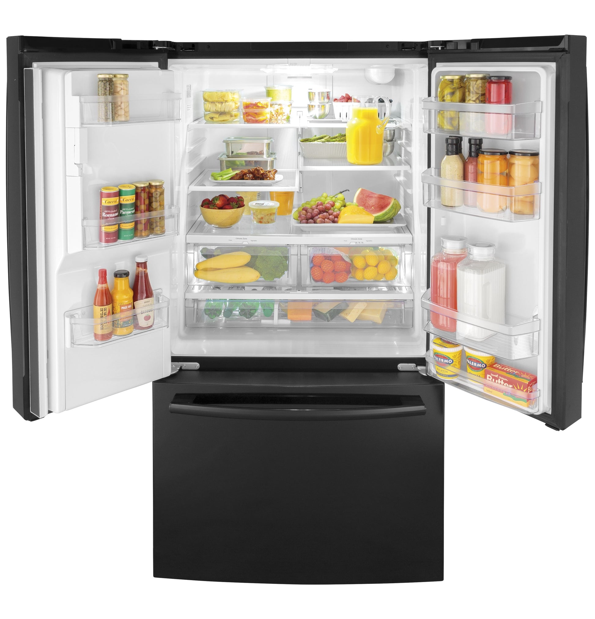 Black French-door refrigerator open showing organized fresh produce, beverages, and condiments from kitchen appliances collection