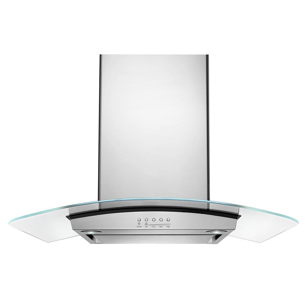 Stainless steel wall mount range hood with curved glass canopy and push button controls from kitchen appliances collection