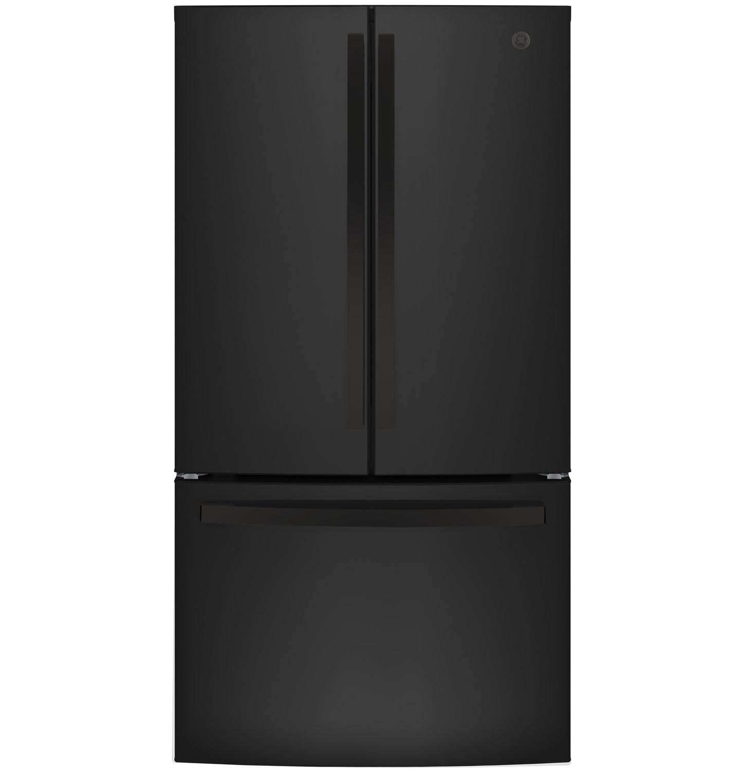 Black French-door refrigerator with bottom freezer drawer in kitchen appliances and refrigerators collection