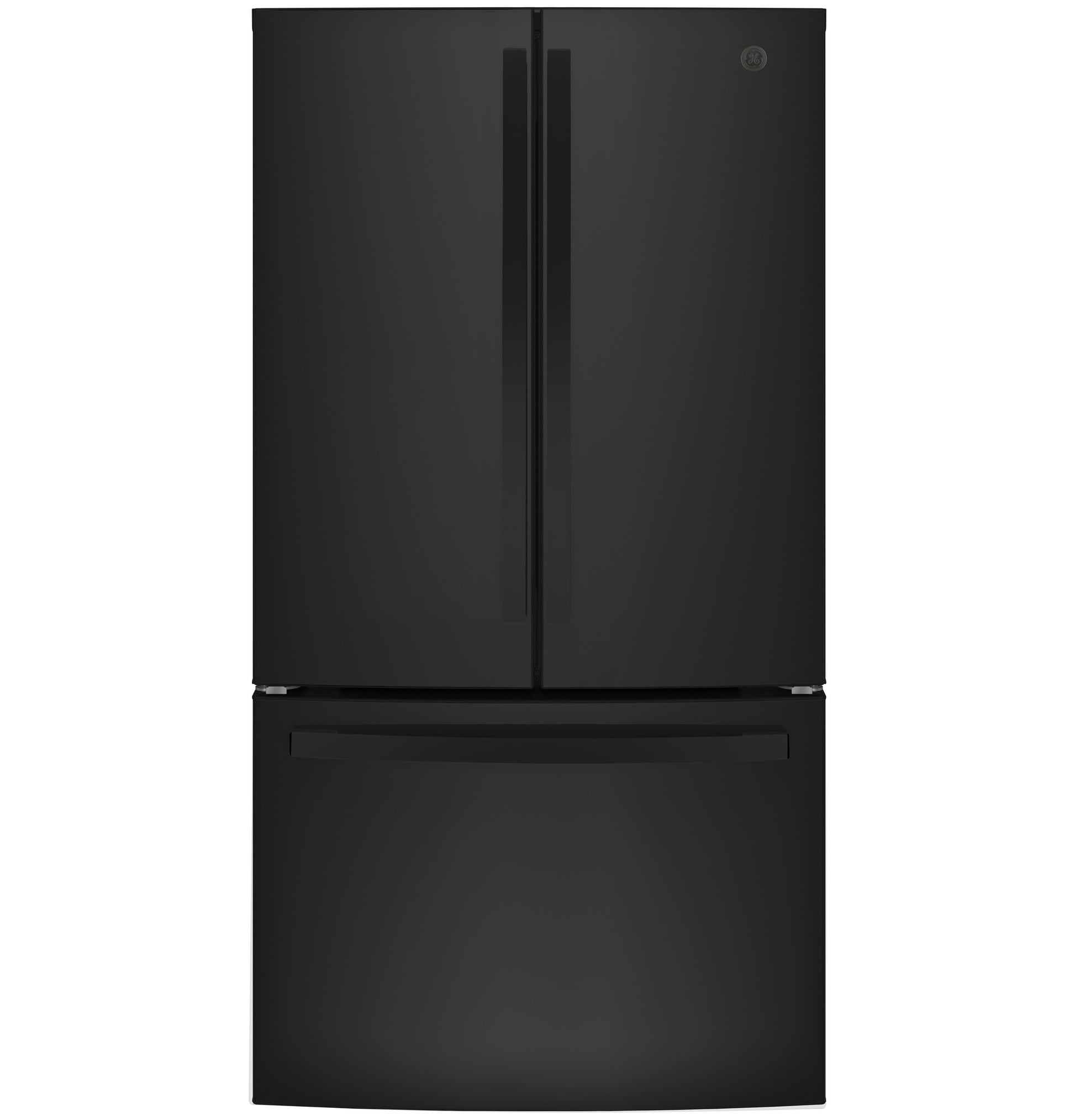 Black French-door refrigerator with bottom freezer drawer in kitchen appliances and refrigerators collection