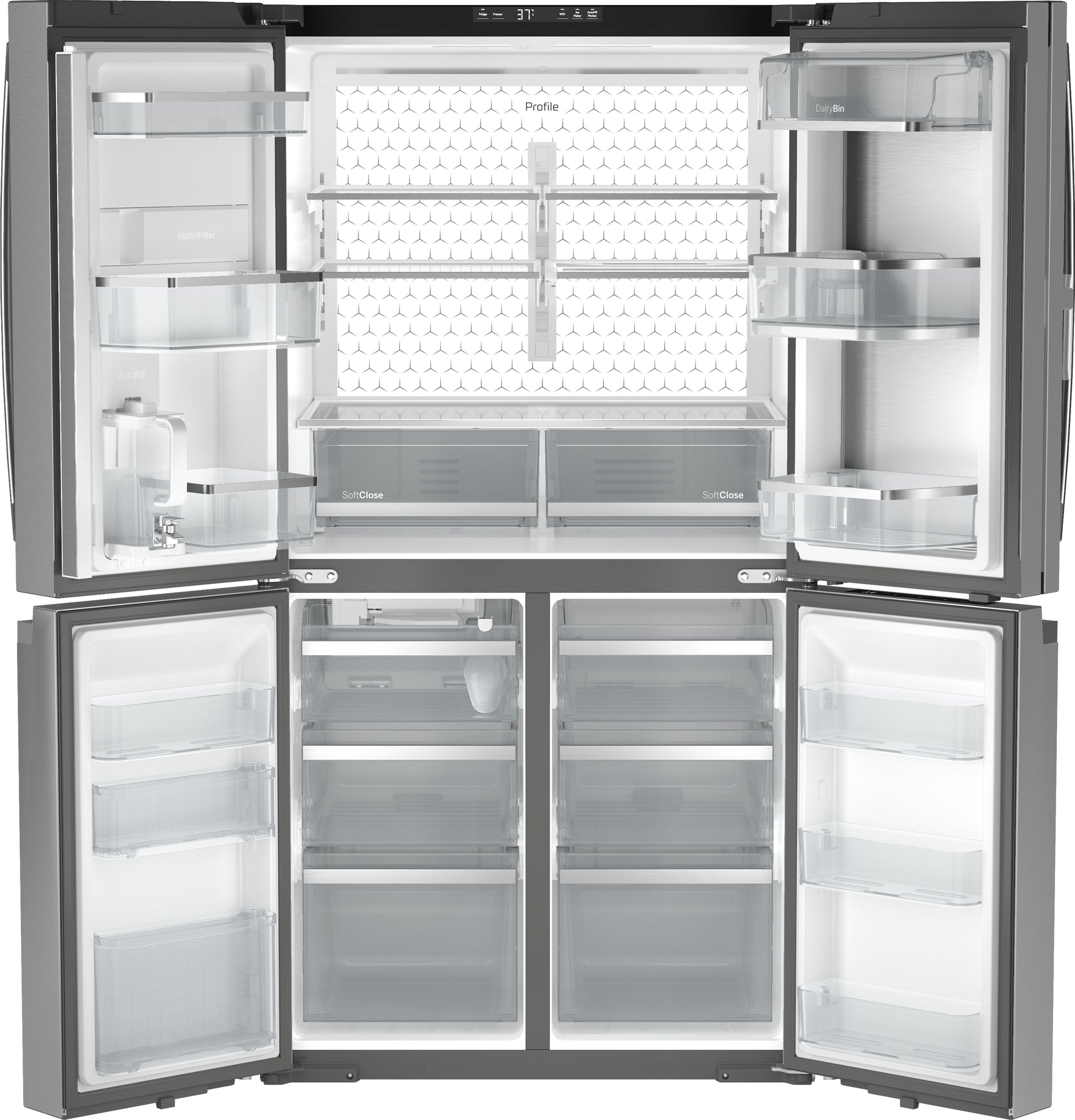 Open stainless steel quad-door refrigerator with adjustable shelves and dual-dispense AutoFill pitcher in refrigerators collection