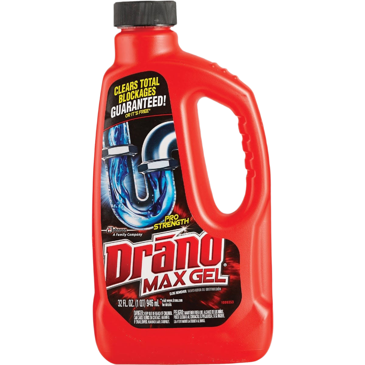 Red bottle of Drano Max Gel drain cleaner for plumbing and cleaning supplies under $50 and drain openers category